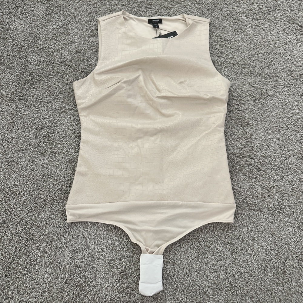 Express Cream Textured Faux Leather Sleeveless Bodysuit